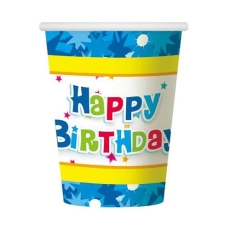 Kubeczki papierowe Happy Birthday niebieskie 270ml