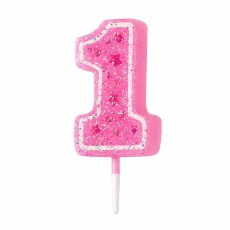 Świeczka Brokat "1" z gwiazdkami Różowa