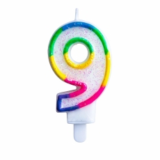Świeczka tęczowa, brokat cyferka "9"