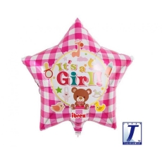 Balon  gwiazda 15", It’s A Girl Bear Gingham Pink